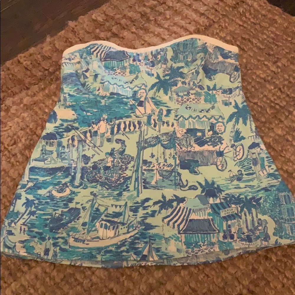 Toile blue and white strapless top